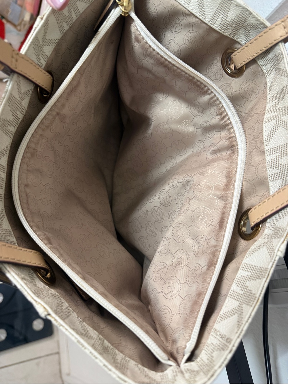 Michael Kors Beige MK Signature Tote with Tan Leather Handles - Picture 6 of 7